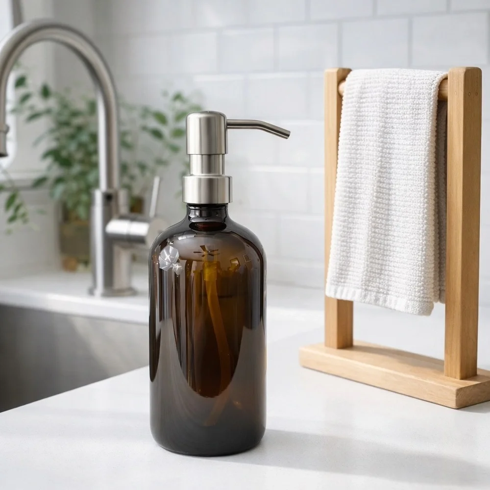 💚SET OF 2: 16 OZ. GLASS SOAP DISPENSERS W/ METAL PUMP (AMBER GLASS/SILVER PUMP)